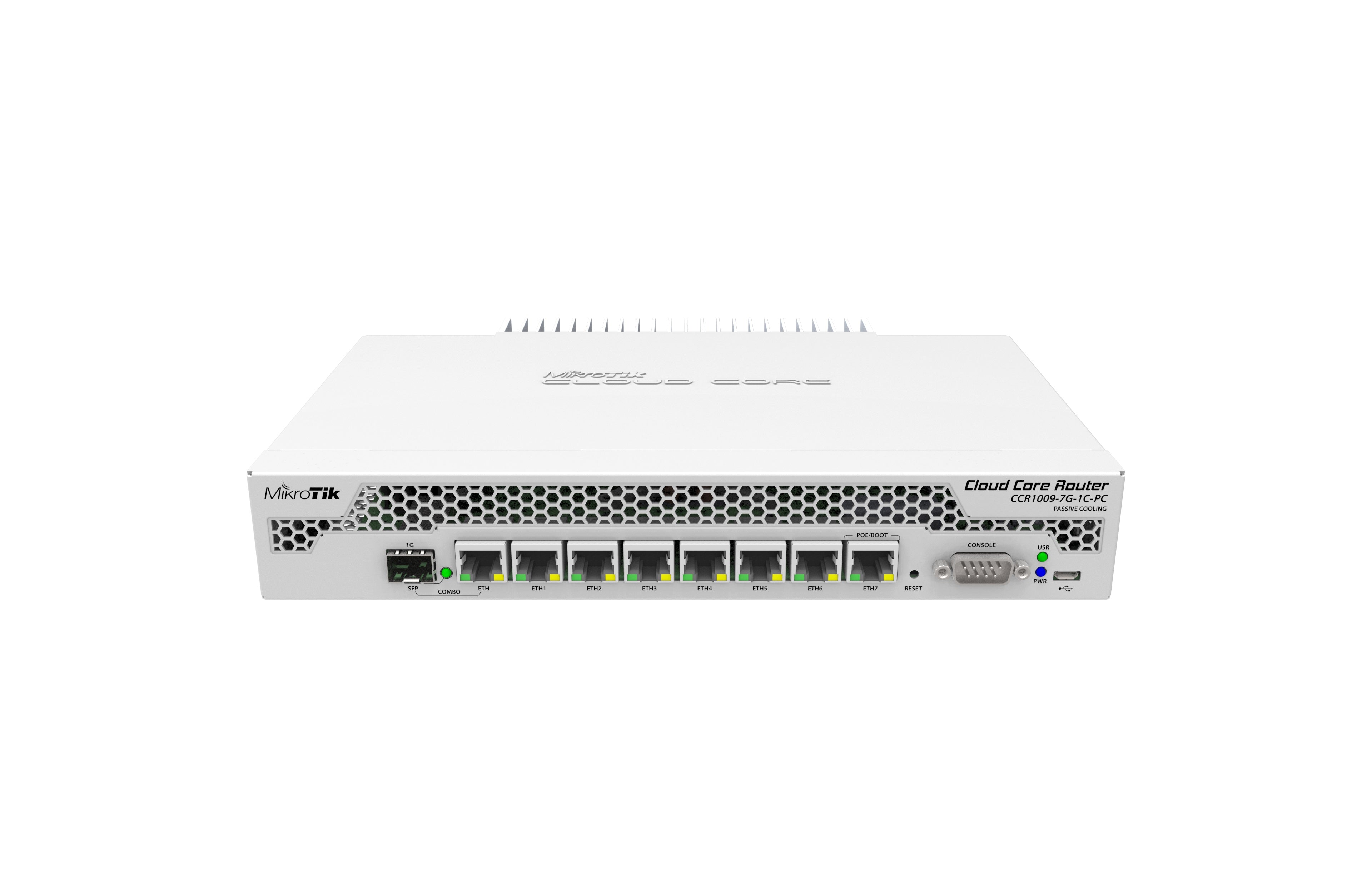 MikroTik CCR1009-7G-1C-PC Cloud Core Router Tilera Tile-Gx9 CPU (9-cores, 1.0GHz per core) w/ Passive Cooling, 1GB RAM, 1xSFP combo