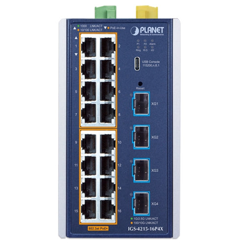 Planet Industrial L2+ 16-Port 1G 802.3at PoE + 4-Port 10G SFP+ Managed Ethernet Switch