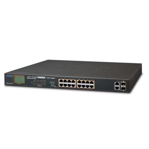 Planet FGSW-1822VHP 16-Port 10/100TX 802.3at PoE + 2-Port Gigabit TP/SFP Combo Ethernet Switch with LCD PoE Monitor (300W)