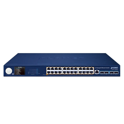 Planet L3 24-Port 802.3at PoE + 4-Port 10G SFP+ Managed Ethernet Switch with Smart LCD Screen