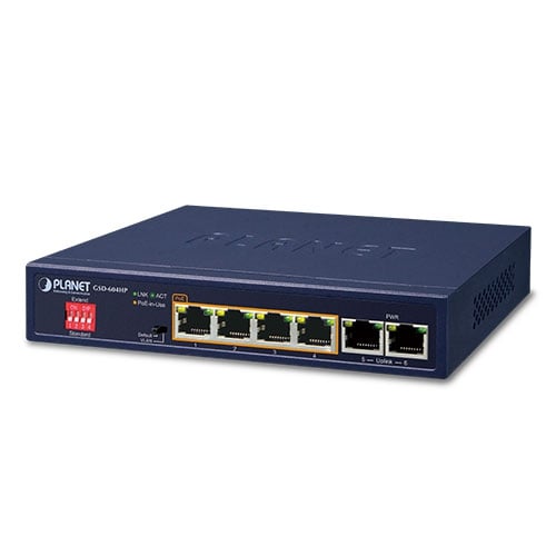 Planet GSD-604HP 4-Port 10/100/1000T 802.3at PoE + 2-Port 10/100/1000T Desktop Switch (55W PoE Budget, External Power Supply)