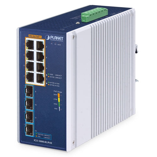 Planet IGS-1000-8UP4X Industrial 8-Port 10/100/1000T 802.3bt PoE + 4-Port 10G SFP+ Ethernet Switch