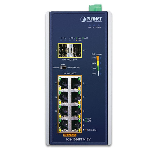 Planet Industrial 8-Port 802.3at PoE + 2-Port SFP Ethernet Switch w/ 12V Booster