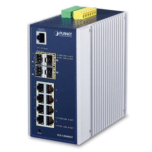 Planet IGS-12040MT IP30 Industrial 8-Port 1000TP + 4-Port 100/1000F SFP Full Managed Ethernet Switch (-40 to 75 degree C, 2*DI, 2*DO, 12V-72VDC IN)