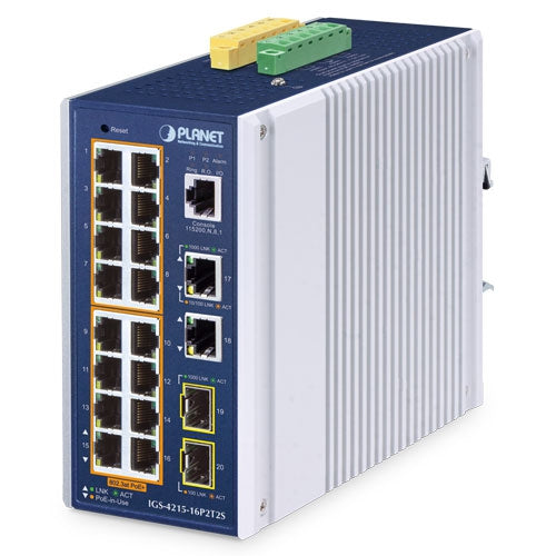Planet Industrial 16-Port 802.3at PoE+, 2-Port 100/1000X SFP Managed Ethernet Switch