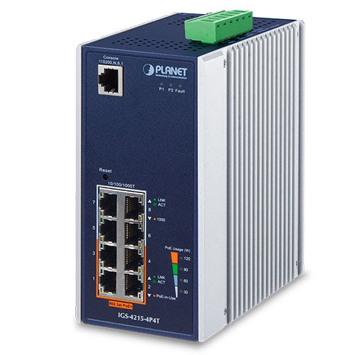Planet IGS-4215-4P4T IP30 Industrial 4-Port 10/100/1000T 802.3at PoE + 4-Port 10/100/1000T Managed Switch (-40~75 degrees C), SNMPv3, 802.1Q VLAN
