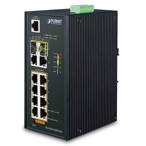 Planet IGS-4215-8P2T2S IP30 Industrial L2/L4 8-Port Gigabit 802.3at PoE + 2-Port 10/100/1000T + 2-Port SFP Managed Switch