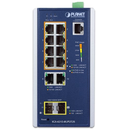 Planet Industrial 8-Port Gigabit 802.3bt PoE + 2-Port RJ45 + 2-Port SFP Managed Switch