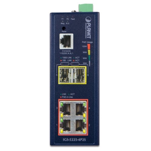 Planet L2+ Industrial 4-Port 802.3at PoE + 2-Port SFP Managed Ethernet Switch