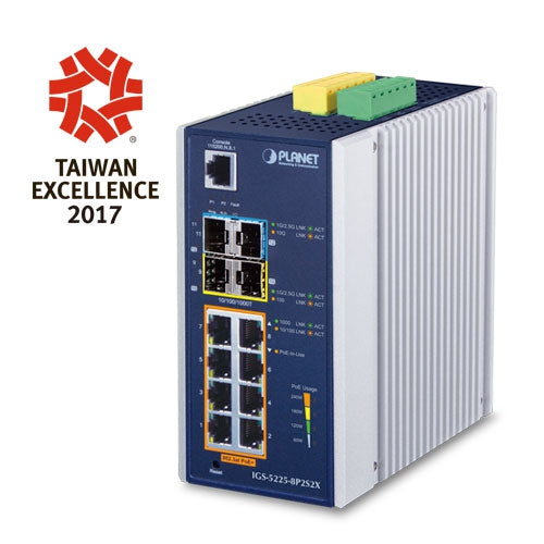 Planet IGS-5225-8P2S2X Industrial 8-Port 1000T 802.3at PoE+ 2-port 100/1000X SFP + 2-port 10G SFP+ Managed Switch