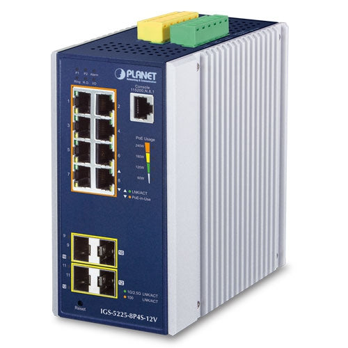 Planet Industrial L2+ 8-Port 802.3at PoE 2-Port 1G/2.5G SFP Managed Ethernet Switch w/ 12V Booster