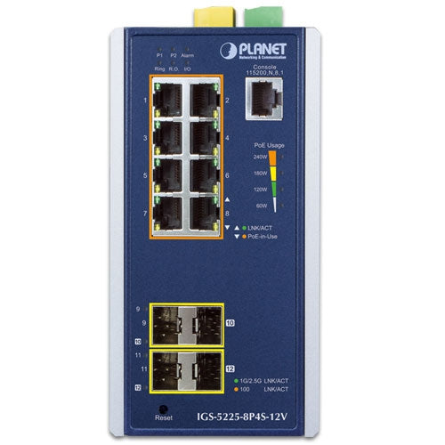 Planet Industrial L2+ 8-Port 802.3at PoE 2-Port 1G/2.5G SFP Managed Ethernet Switch w/ 12V Booster