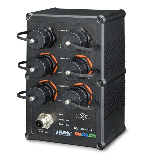 Planet IGS-604HPT-RJ Industrial 4-Port 10/100/1000T 802.3at PoE + 2-Port 10/100/1000T Managed Ethernet Switch, 6 x waterproof RJ45 connectors included