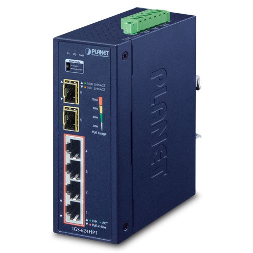 Planet IGS-624HPT Industrial 4-Port GigE 802.3at PoE+ w/ 2-Port SFP Switch