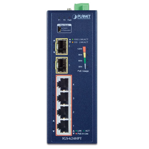 Planet IGS-624HPT Industrial 4-Port GigE 802.3at PoE+ w/ 2-Port SFP Switch