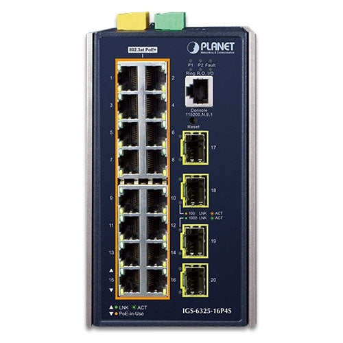 Planet L3 Industrial 16-Port 802.3at PoE + 4-Port SFP Managed Ethernet Switch