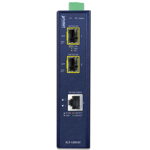 Planet Industrial 1-Port Copper to 2-port 100/1000/2500X SFP Media Converter