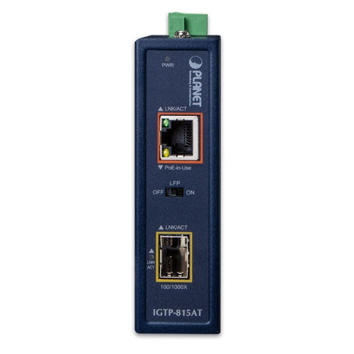 Planet IGTP-815AT IP30 Industrial SFP+ to Copper 802.3at PoE+ Media Converter (-40 to 75 C)