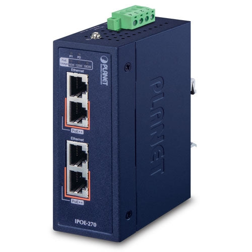 Planet Industrial 2-port Multi-Gigabit 802.3bt PoE++ Injector Hub 12V