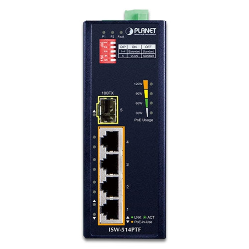 Planet Industrial 4-port 10/100TX 802.3at PoE+ 1-Port 100FX Ethernet Switch
