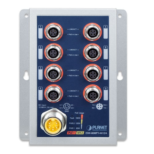 Planet ISW-808PT-M12A Industrial 8-Port 10/100TX M12 802.3at PoE+ Switch