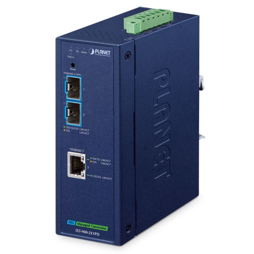 Planet IXT-900-2X1PD Industrial 2-Port 10GBASE-X SFP+ + 1-Port 10GBASE-T PoE PD Managed Media Converter
