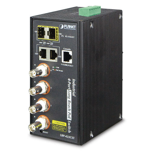Planet LRP-422CST IP30, Industrial IPv4/IPv6, 4-Port Coax + 2-Port 10/100/1000T + 2-Port 100/1000X SFP Long Reach PoE over Coaxial Managed Switch