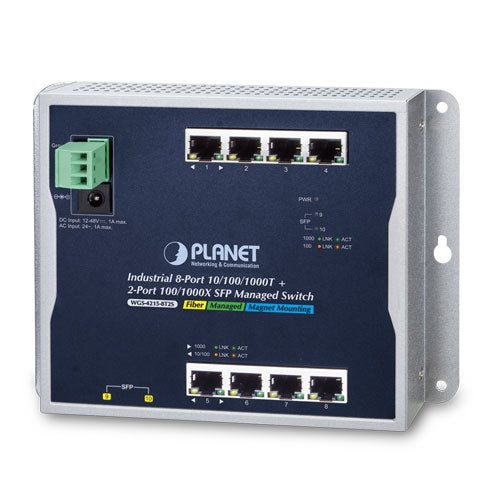 Planet WGS-4215-8T2S Industrial 8-Port 10/100/1000T + 2-Port 100/1000X SFP Wall-mount Managed Switch (-40~75 degrees C)