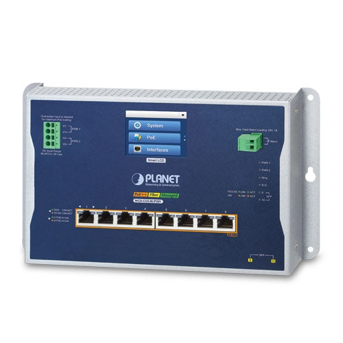 Planet Industrial L2+ 8-Port 802.3bt PoE + 2-Port 2.5G SFP Wall-mount Managed Switch with LCD