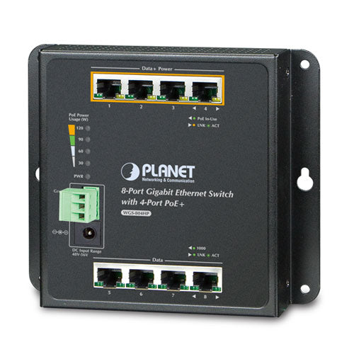 Planet WGS-804HP IP30 8-Port Gigabit Wall-mount Switch 4-Port 802.3AT POE+ (-20 to 60 C), dual redundant power 48-56V DC