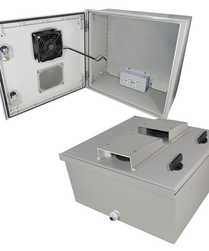 Vented Fiberglass Weatherproof NEMA Enclosure, Cooling, Heater, 120 VAC Outlets 16x16x8