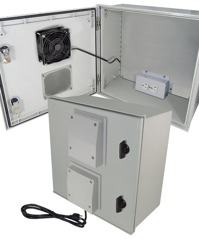 Vented Fiberglass Weatherproof NEMA Enclosure, Cooling, Heater, 120 VAC Outlets 16x16x8