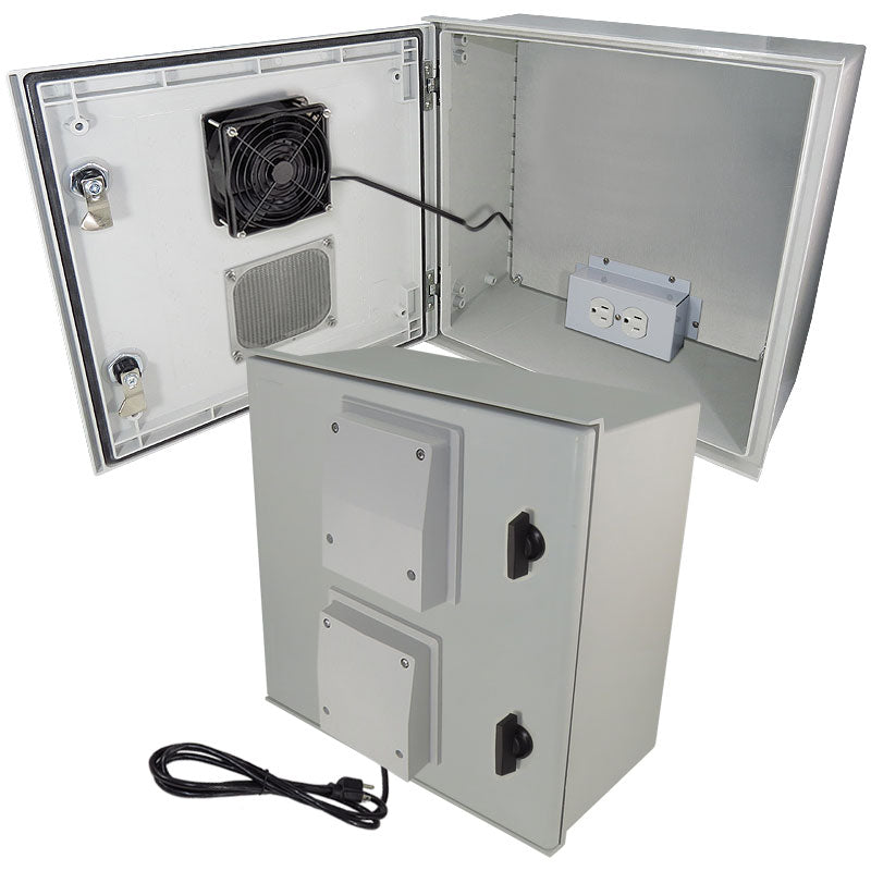 Vented Fiberglass Weatherproof NEMA Enclosure, Cooling, Heater, 120 VAC Outlets 16x16x8