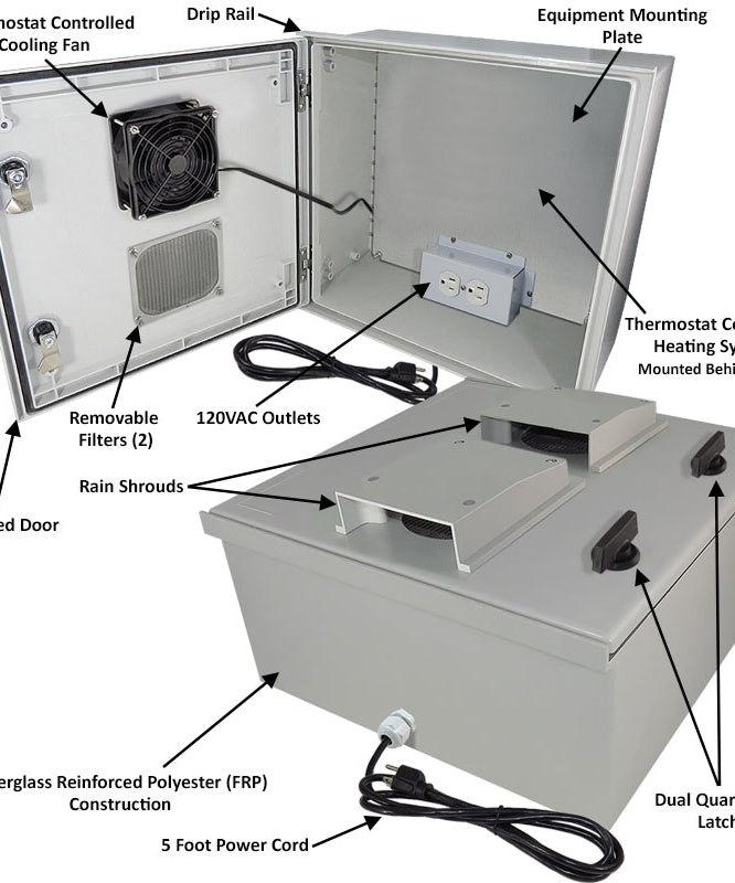 Vented Fiberglass Weatherproof NEMA Enclosure, Cooling, Heater, 120 VAC Outlets 16x16x8