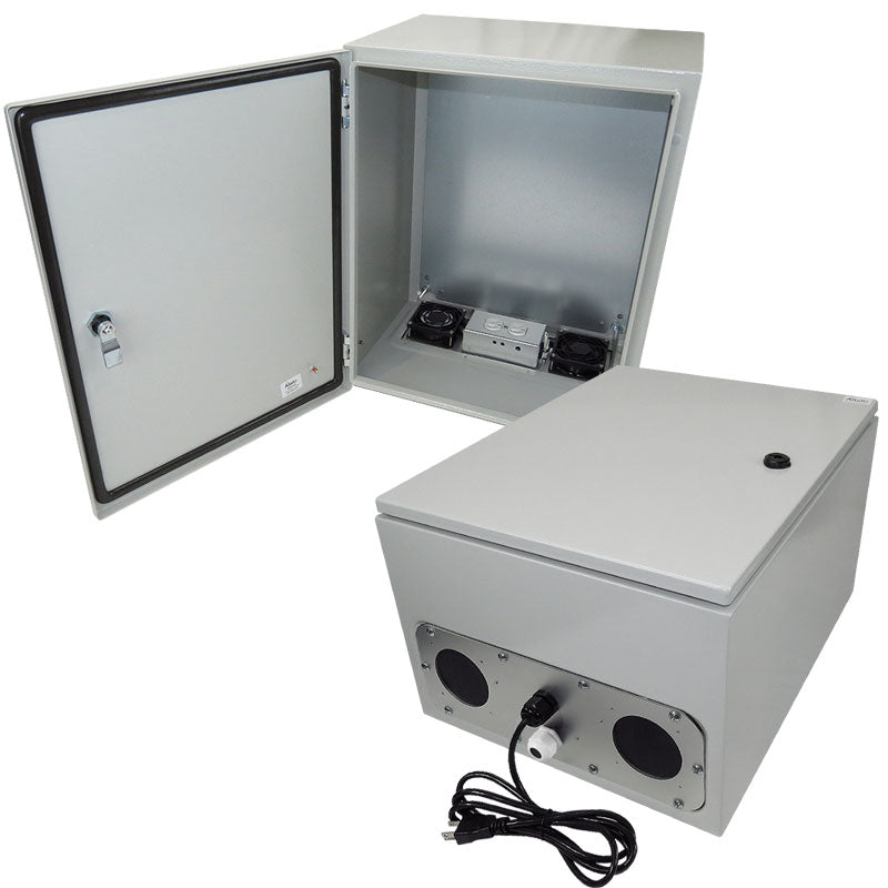 Steel Weatherproof NEMA Enclosure with Dual Cooling Fans, 120 VAC Outlets 20x16x12