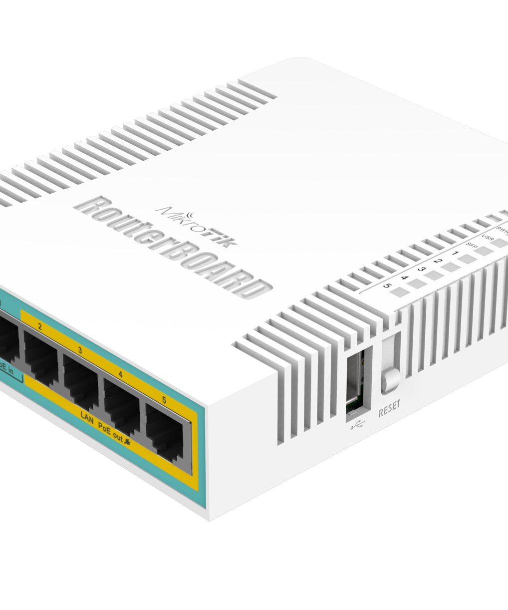 MikroTik RB960PGS hEX PoE Desktop Router, 5x Gigabit Ethernet, 4-Port PoE Out, USB, 800MHz CPU, 128MB RAM, RouterOS L4