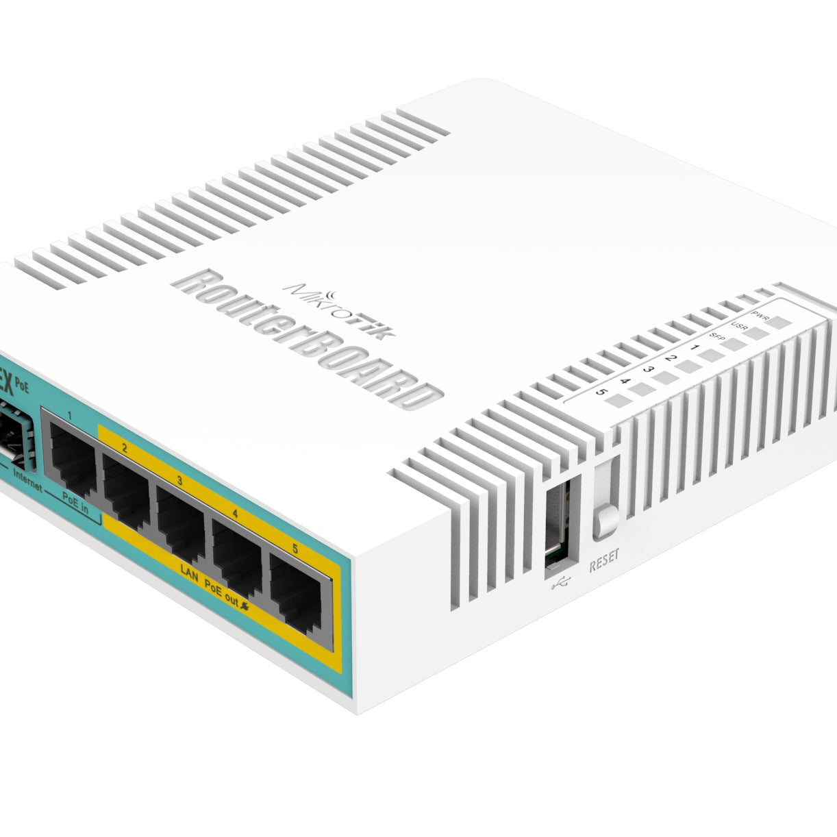 MikroTik RB960PGS hEX PoE Desktop Router, 5x Gigabit Ethernet, 4-Port PoE Out, USB, 800MHz CPU, 128MB RAM, RouterOS L4