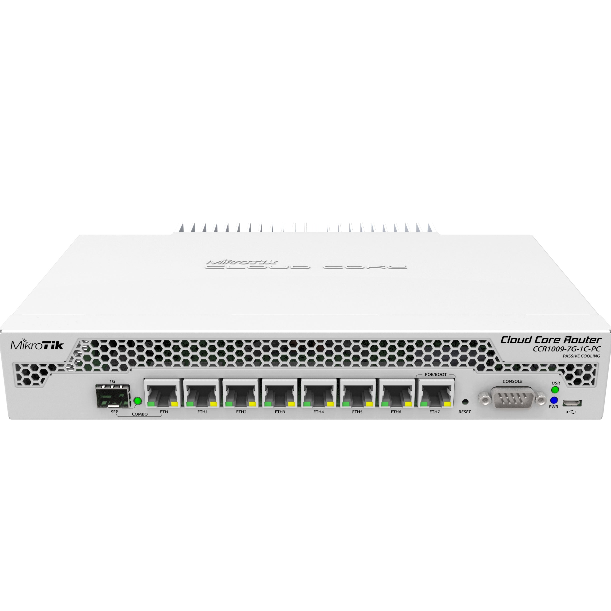 MikroTik CCR1009-7G-1C-PC Cloud Core Router Tilera Tile-Gx9 CPU (9-cores, 1.0GHz per core) w/ Passive Cooling, 1GB RAM, 1xSFP combo