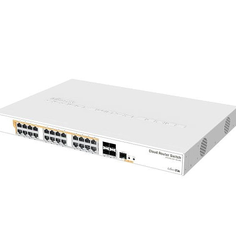 MikroTik CRS328-24P-4S+RM 24-Port Gigabit Ethernet Cloud Router Switch with four 10Gbps SFP+ ports in 1U rackmount case, Dual Boot and PoE output, 500W