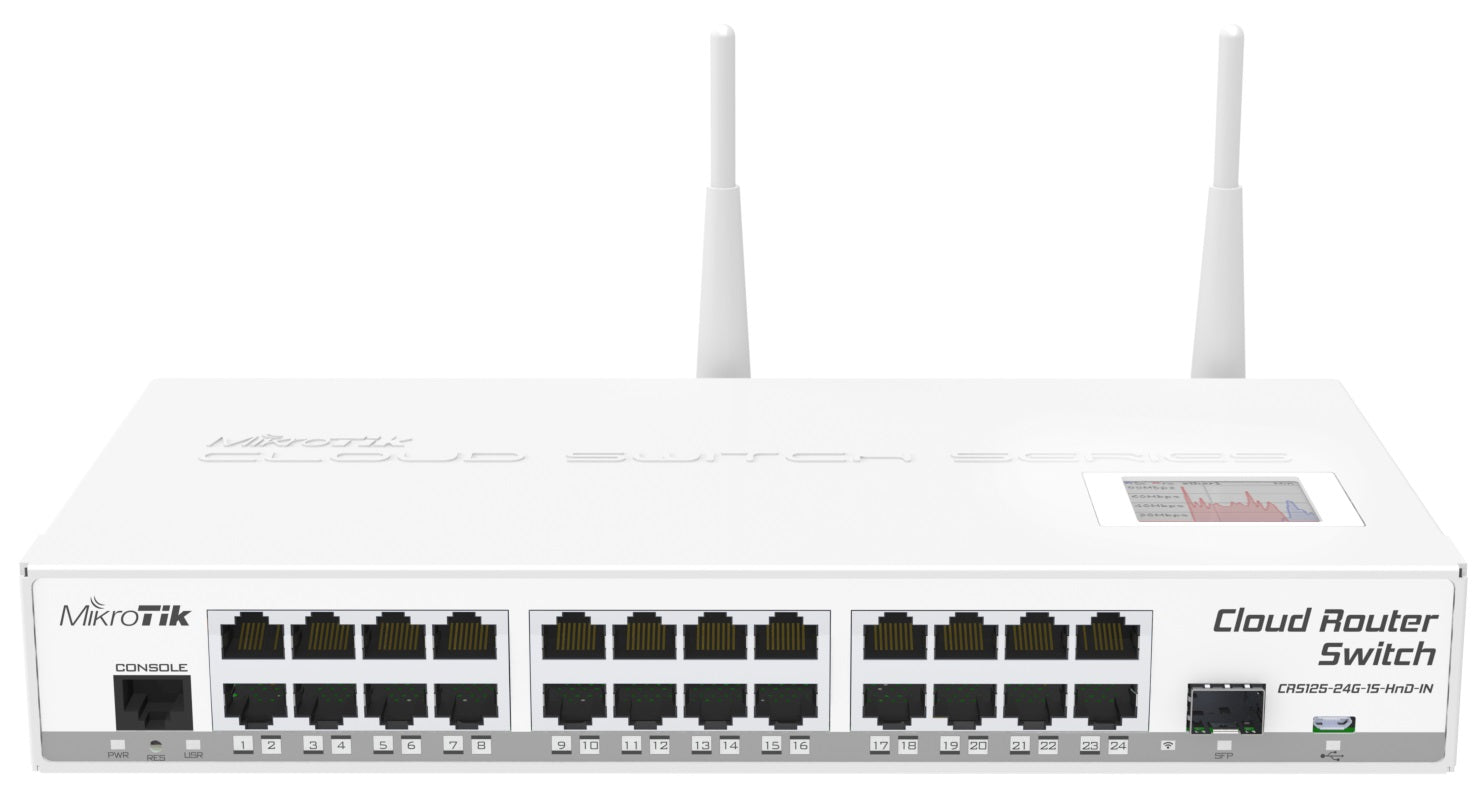 MikroTik CRS125-24G-1S-2HnD-IN Cloud Router Switch, 24-Port GbE, SFP cage, Integrated 802.11b/g/n AP