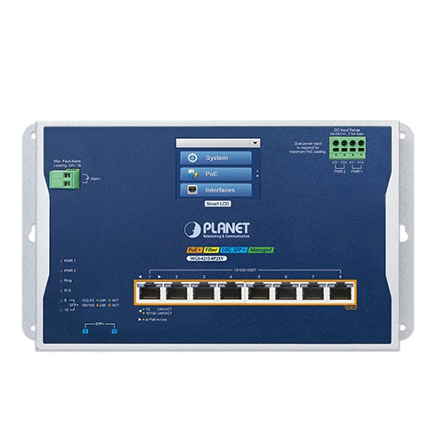 Planet WGS-4215-8P2XV Industrial L2+ 8-Port 802.3at PoE + 2-Port 10G SFP+ Wall-mount Managed Ethernet Switch with LCD Touch Screen
