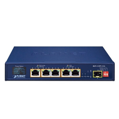 Planet  5-Port 802.3at PoE+ Solar PoE Switch with 1-Port 1000X SFP and LCD Display