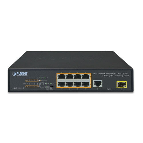 Planet FGSD-1011HP 8-Port 10/100TX 802.3at PoE + 1-Port 10/100/1000T + 1-Port 100/1000X SFP Desktop Switch (120W PoE Budget, Standard/VLAN/Extend mode, 10-inch and rack-mountable)
