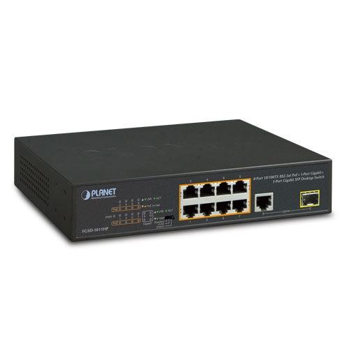 Planet FGSD-1011HP 8-Port 10/100TX 802.3at PoE + 1-Port 10/100/1000T + 1-Port 100/1000X SFP Desktop Switch (120W PoE Budget, Standard/VLAN/Extend mode, 10-inch and rack-mountable)