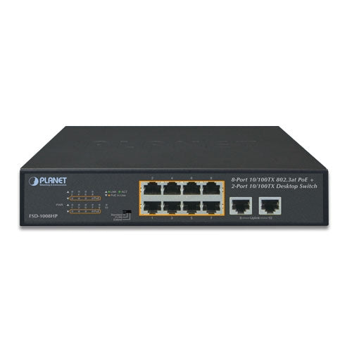 Planet FSD-1008HP 8-Port 10/100TX 802.3at PoE + 2-Port 10/100TX Desktop Switch (120W PoE Budget, Standard/VLAN/Extend mode, fanless, 10-inch and rack-mountable)