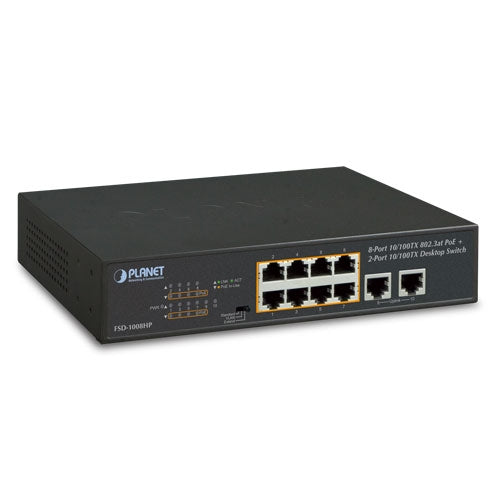 Planet FSD-1008HP 8-Port 10/100TX 802.3at PoE + 2-Port 10/100TX Desktop Switch (120W PoE Budget, Standard/VLAN/Extend mode, fanless, 10-inch and rack-mountable)