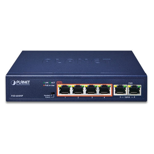 Planet 4-Port 802.3af/at PoE + 2-Port 10/100TX Desktop Switch (60 Watts)