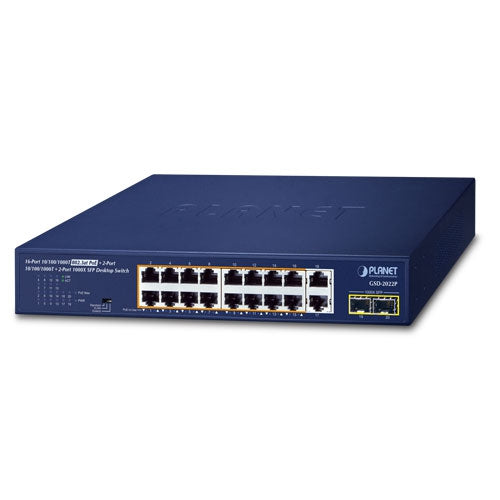 Planet  16-Port 802.3at PoE and 2-Port SFP Desktop Switch