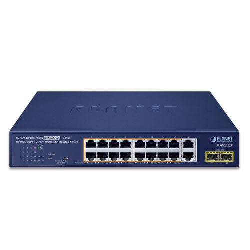 Planet  16-Port 802.3at PoE and 2-Port SFP Desktop Switch