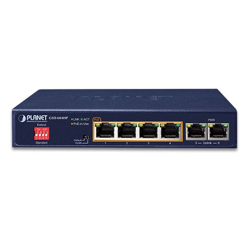 Planet GSD-604HP 4-Port Gigabit PoE + 2-Port Gigabit Desktop Switch 55W PoE Budget